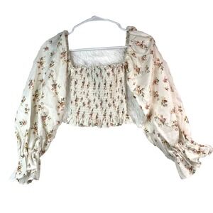Petal + Pup Shirred Balloon Sleeve Crop Top Women's SZ S Milkmaid Coquette Boho